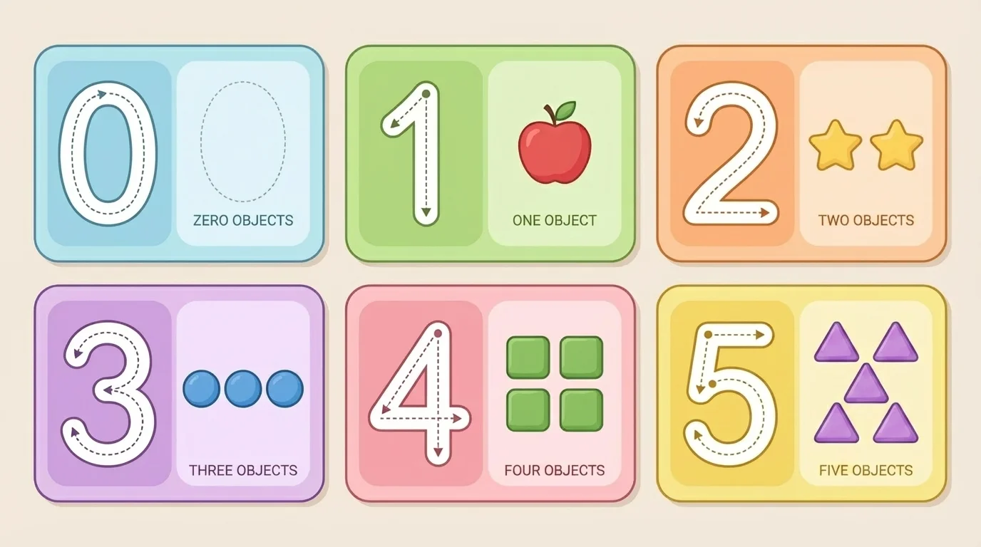 Tracing cards for numerals 0, 1, 2, 3, 4, and 5 with simple arrows for writing direction
