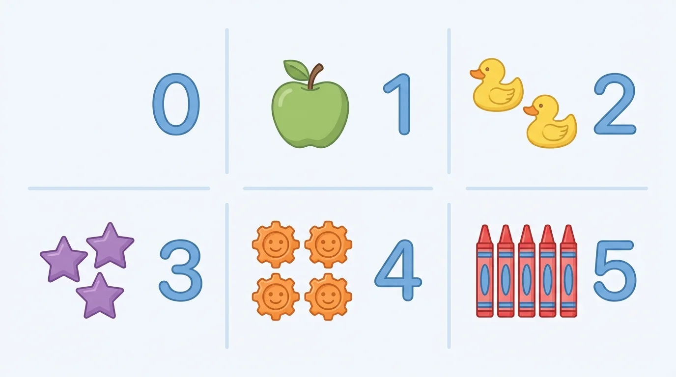 Objects in groups from 0 to 5, each matched with the written numeral beside it