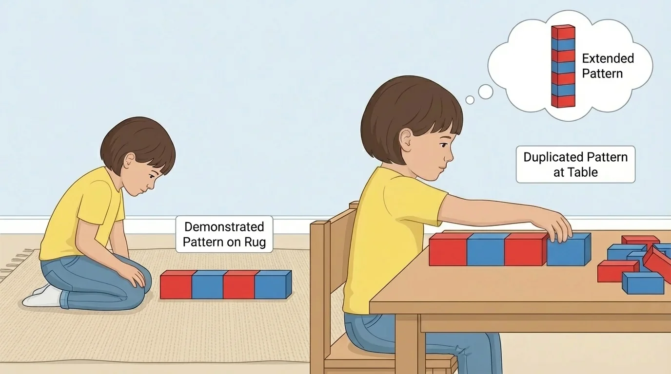 Child looking at red-blue-red-blue block pattern on rug and making the same pattern with blocks at a table