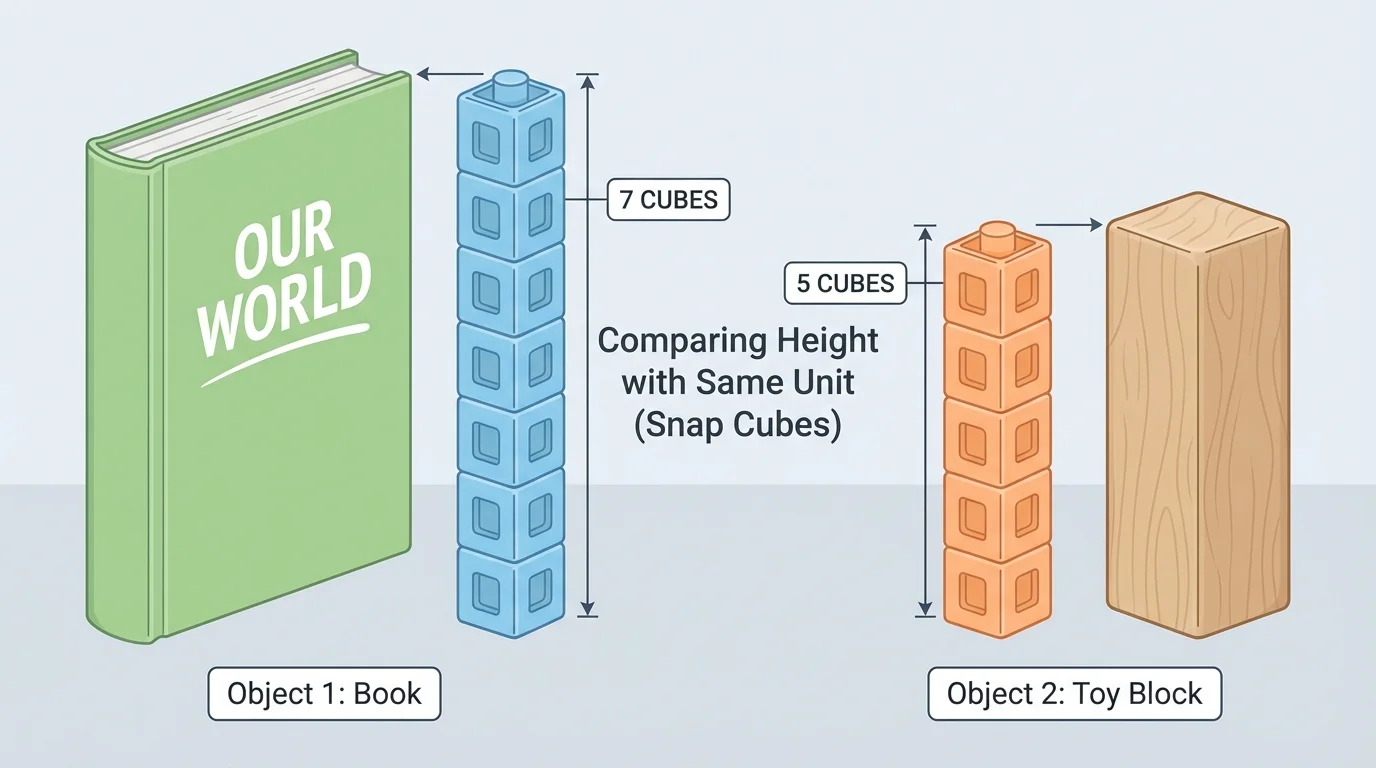 Two objects with matching cube towers labeled 5 cubes and 7 cubes for comparing height