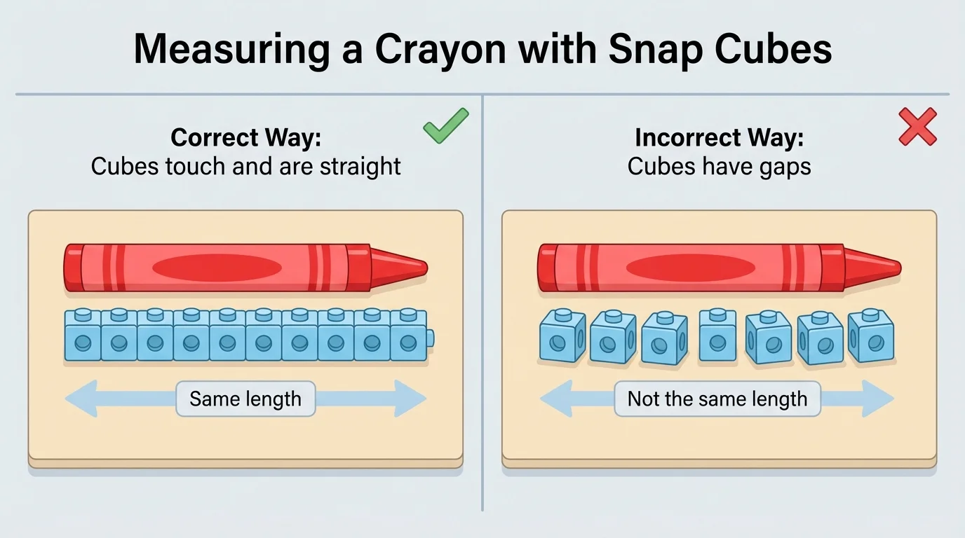 Two side-by-side examples of measuring a crayon with snap cubes, one correct with touching cubes in a straight line and one incorrect with gaps