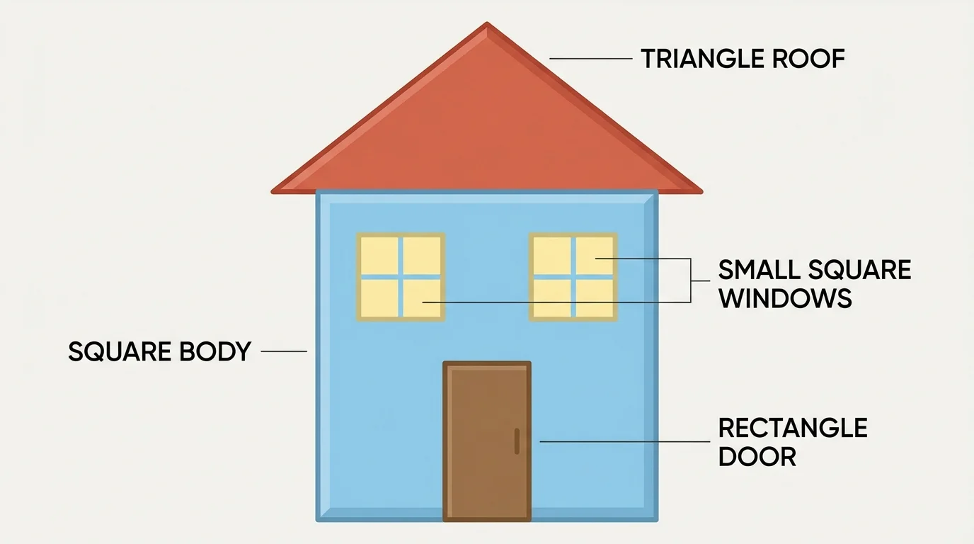 picture of a house made from a square body, triangle roof, rectangle door, and small square windows