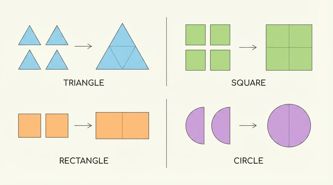 child-friendly diagram with a triangle, square, rectangle, and circle in different colors, each shape clearly separated