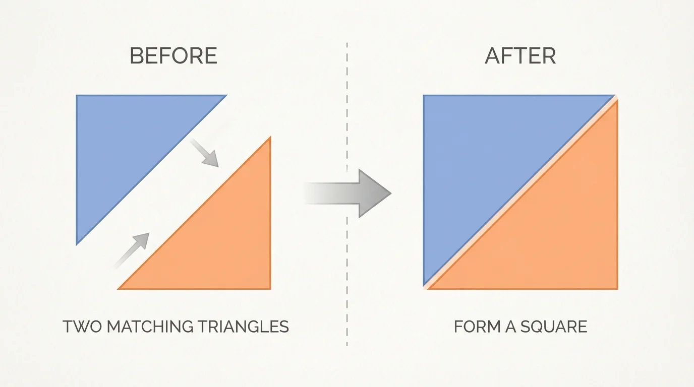 two matching triangles sliding together edge-to-edge to form a square, before-and-after style