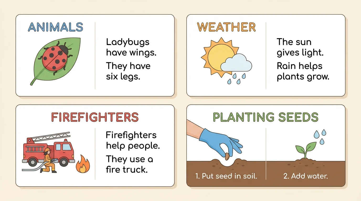 four small book-page examples for animals, weather, firefighters, and planting seeds in a how-to format