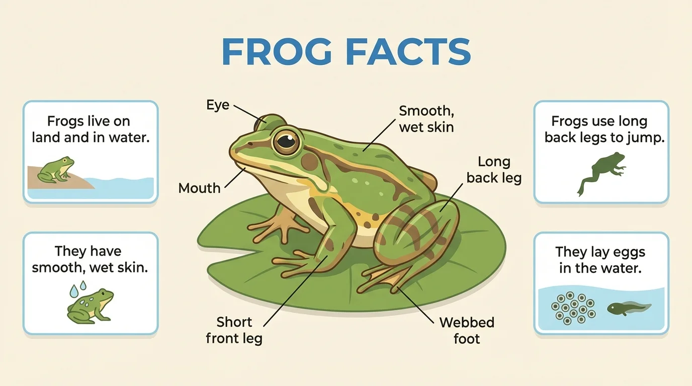first-grade informational book page about frogs with title, picture, labels, and short fact sentences