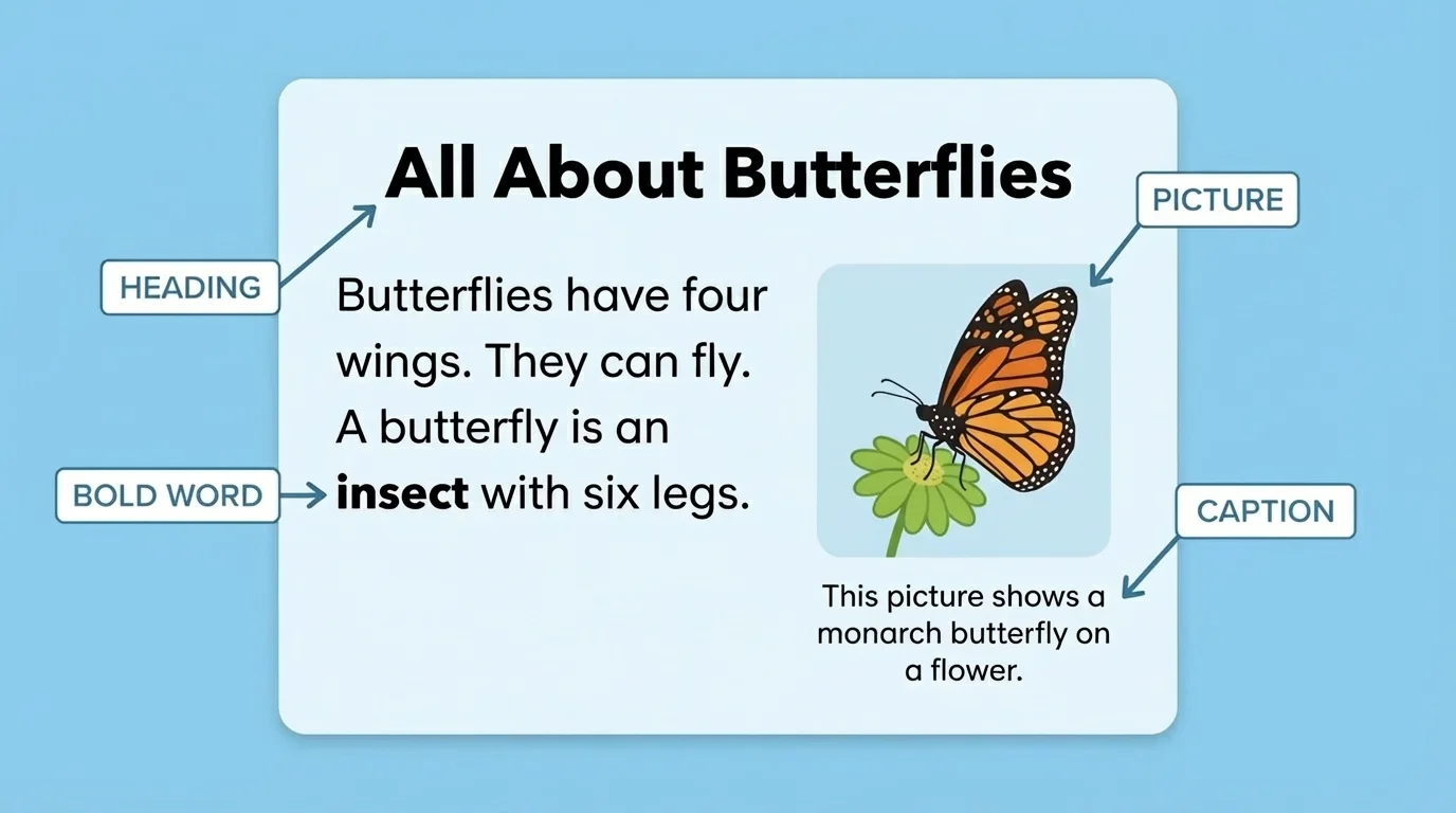 labeled informational page showing heading, bold word, caption under picture, and arrows to labels