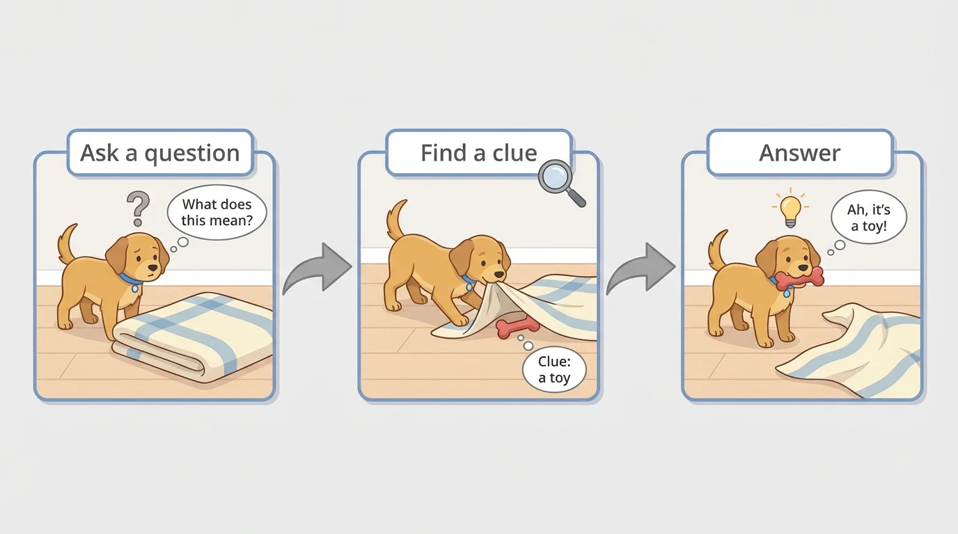 three-box flowchart labeled Ask a question, Find a clue, Answer, using a puppy dragging a blanket across the floor