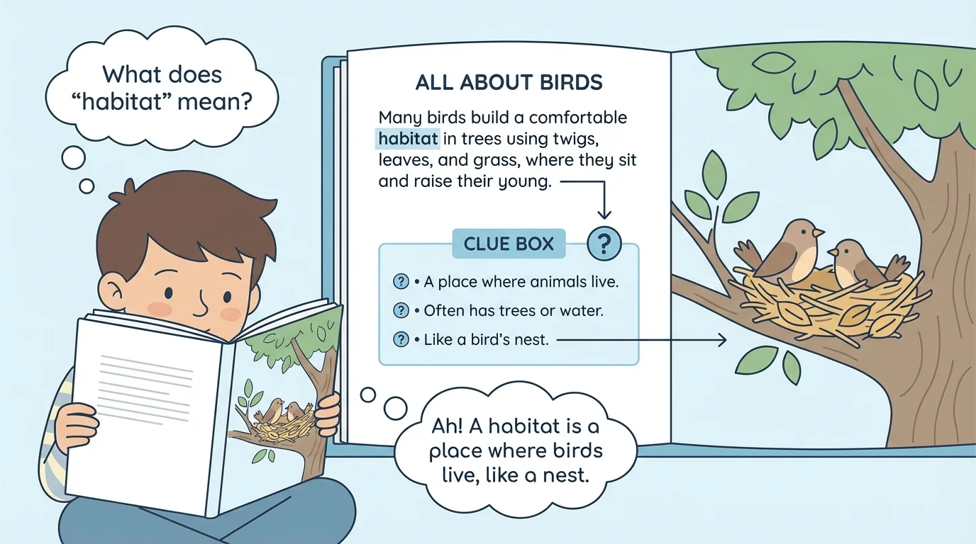 child reading a page about birds with birds in a nest, nearby sentence clues about twigs and birds sitting in it