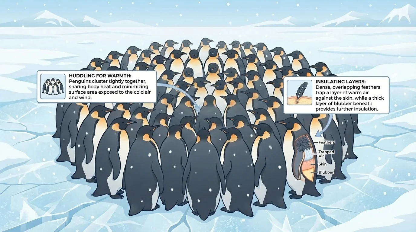 informational page about penguins showing penguins huddling on ice with two short text boxes about staying warm in the cold