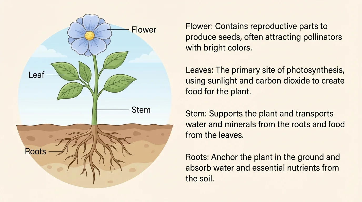 labeled plant picture next to short informational text about plant parts, showing roots underground and stem, leaves, and flower above ground