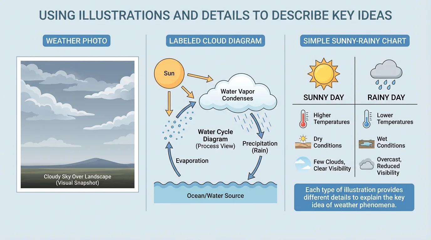 three-panel visual with a weather photo, a labeled cloud diagram, and a simple sunny-rainy chart to compare kinds of illustrations