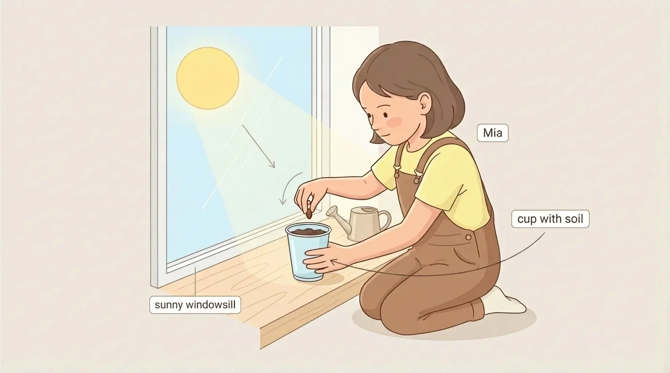 illustration of Mia planting a seed in a cup and putting it on a sunny windowsill