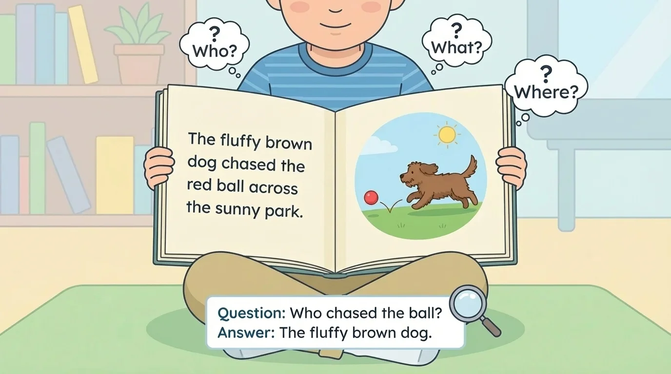 illustration of a child reading a book page showing a dog running in a park while text mentions the dog and ball