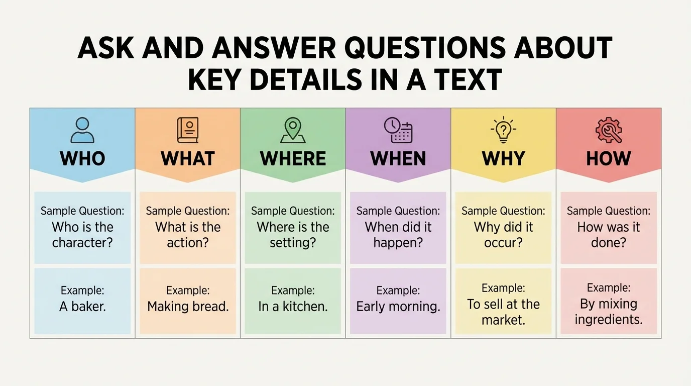 chart with who, what, where, when, why, how and a simple example for each
