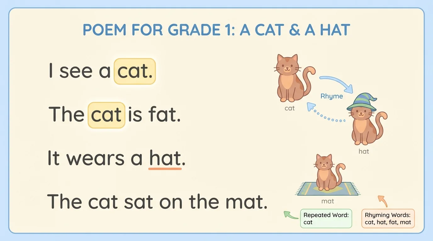 Short children's poem page with separate lines, repeated word highlighted, and matching rhyme pictures like cat and hat