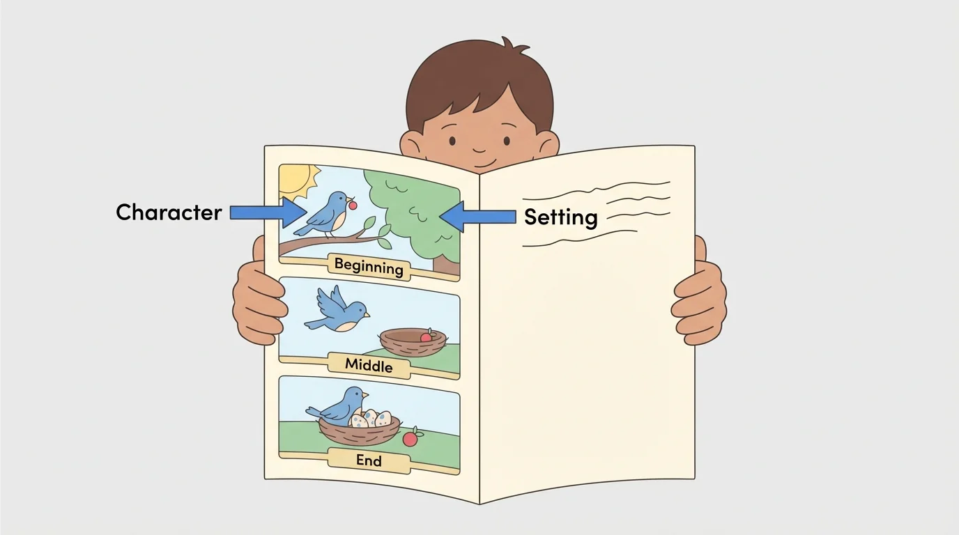 Child reading a simple storybook page with labels for character, setting, beginning, middle, and end