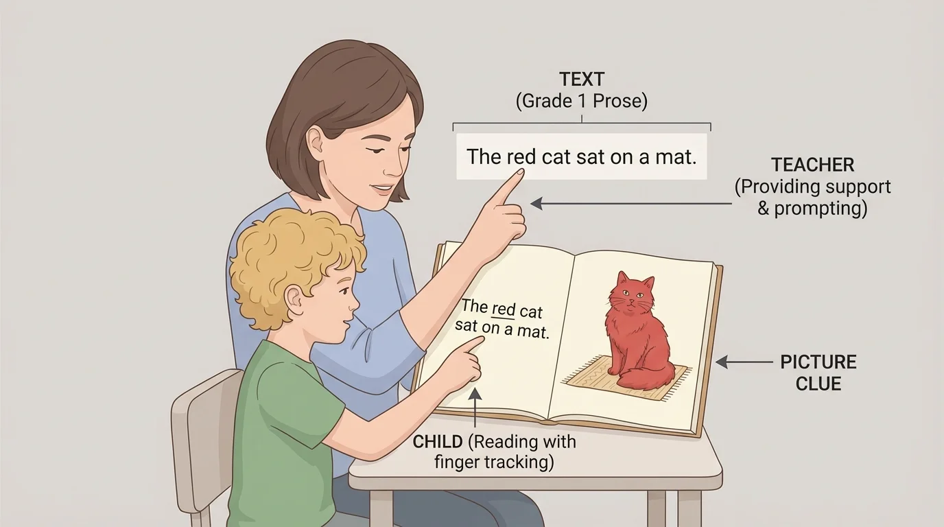 Teacher and child reading together, teacher pointing to words, child following with finger, picture clue visible on the page