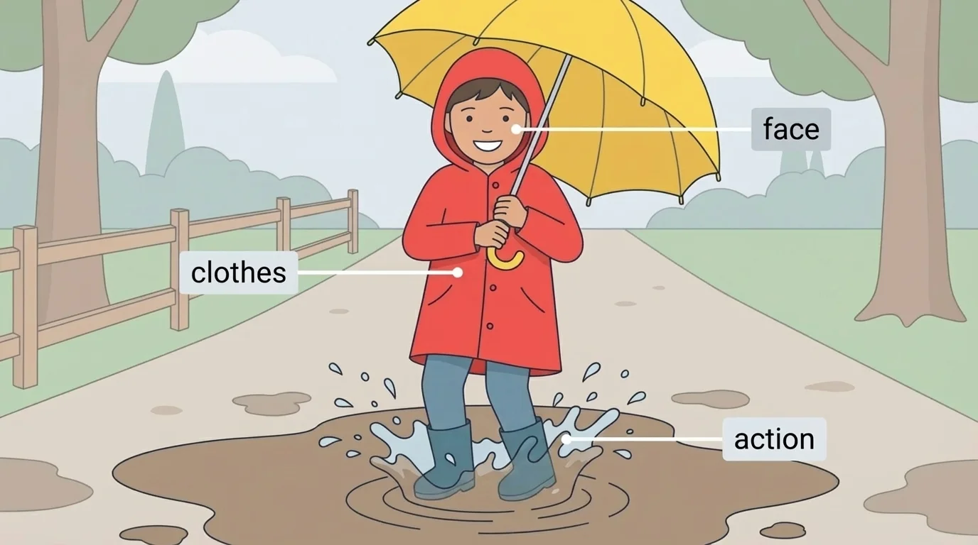 Child in a red raincoat smiling and holding an umbrella while splashing in a puddle, with simple labels for face, clothes, and action