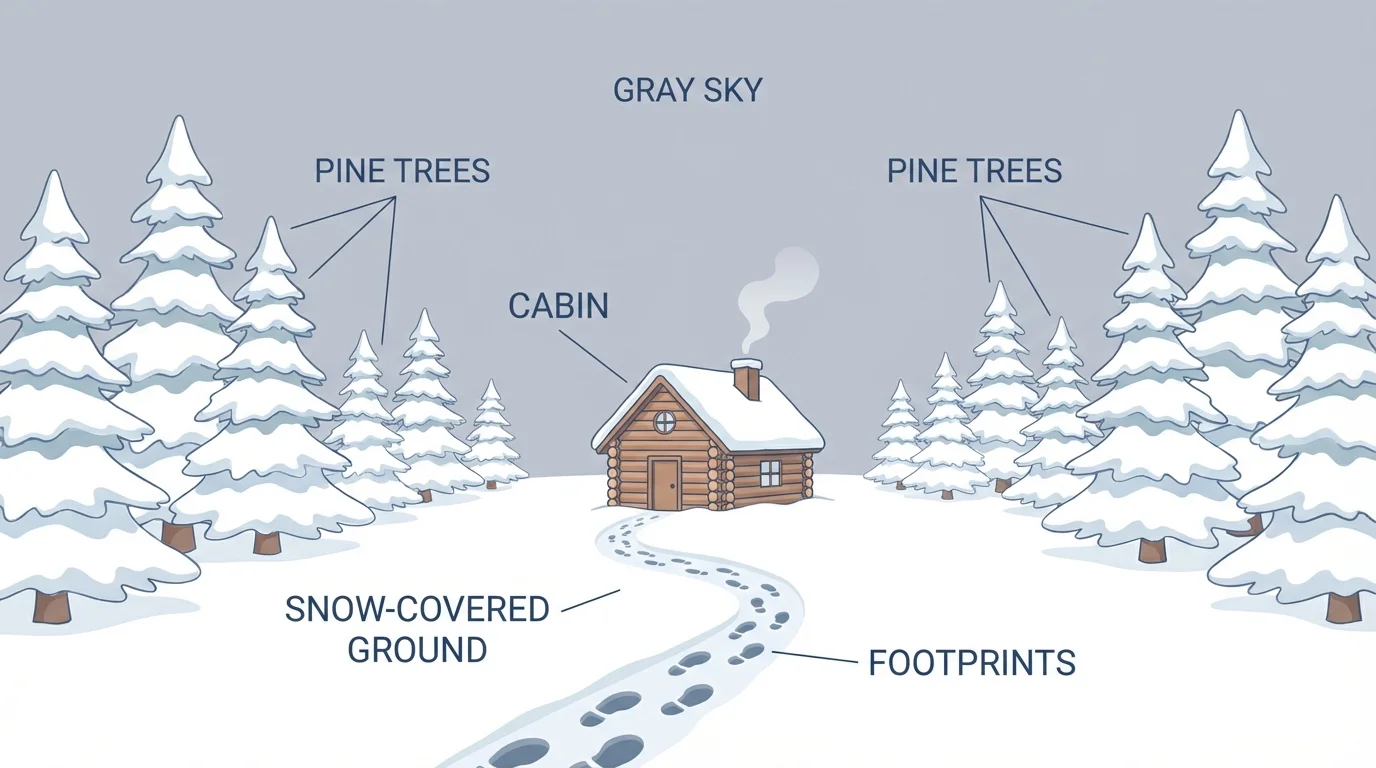 Snowy forest with a small cabin, pine trees, gray sky, and footprints in snow to show a winter setting