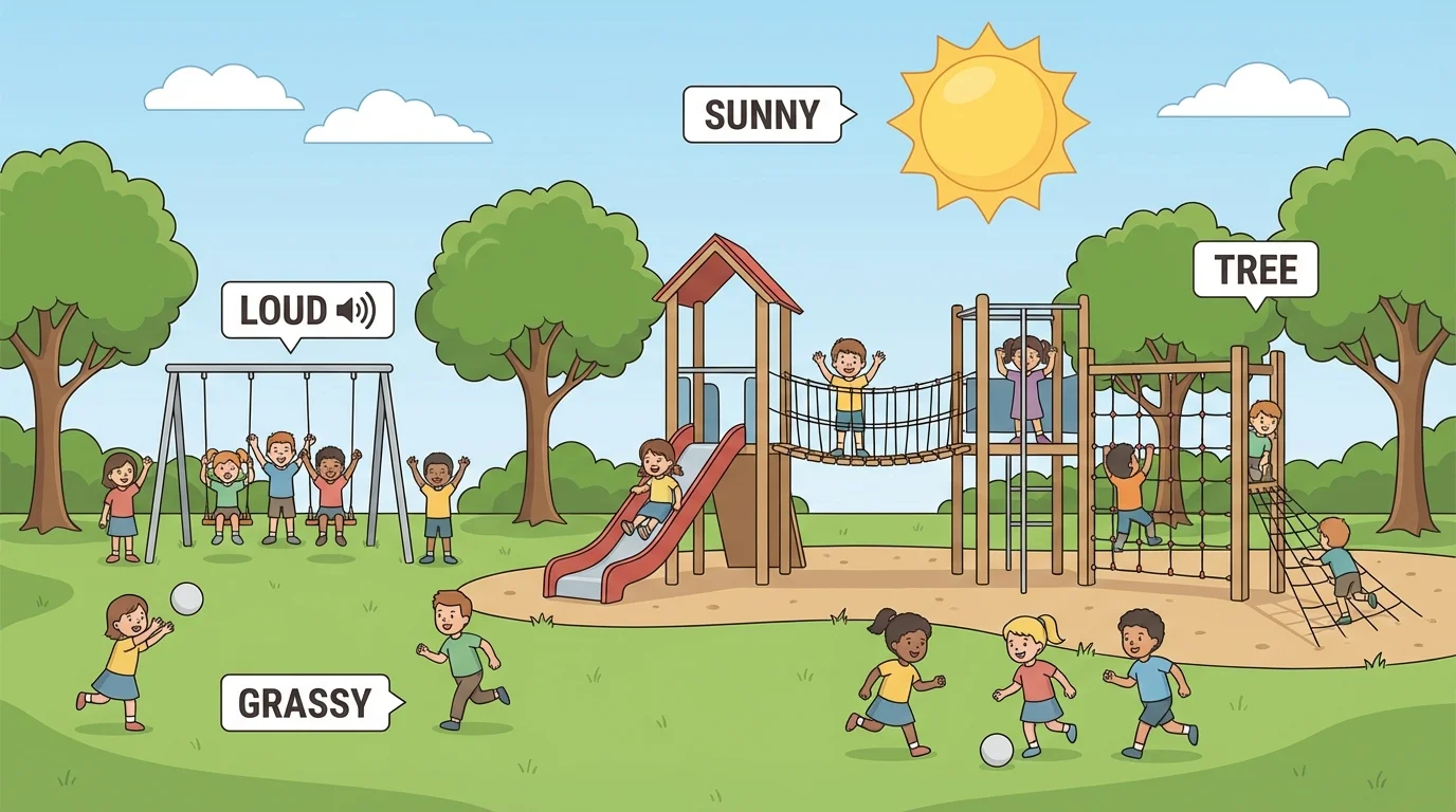 School playground with swings, slide, trees, children playing, and simple sensory labels like loud, sunny, grassy