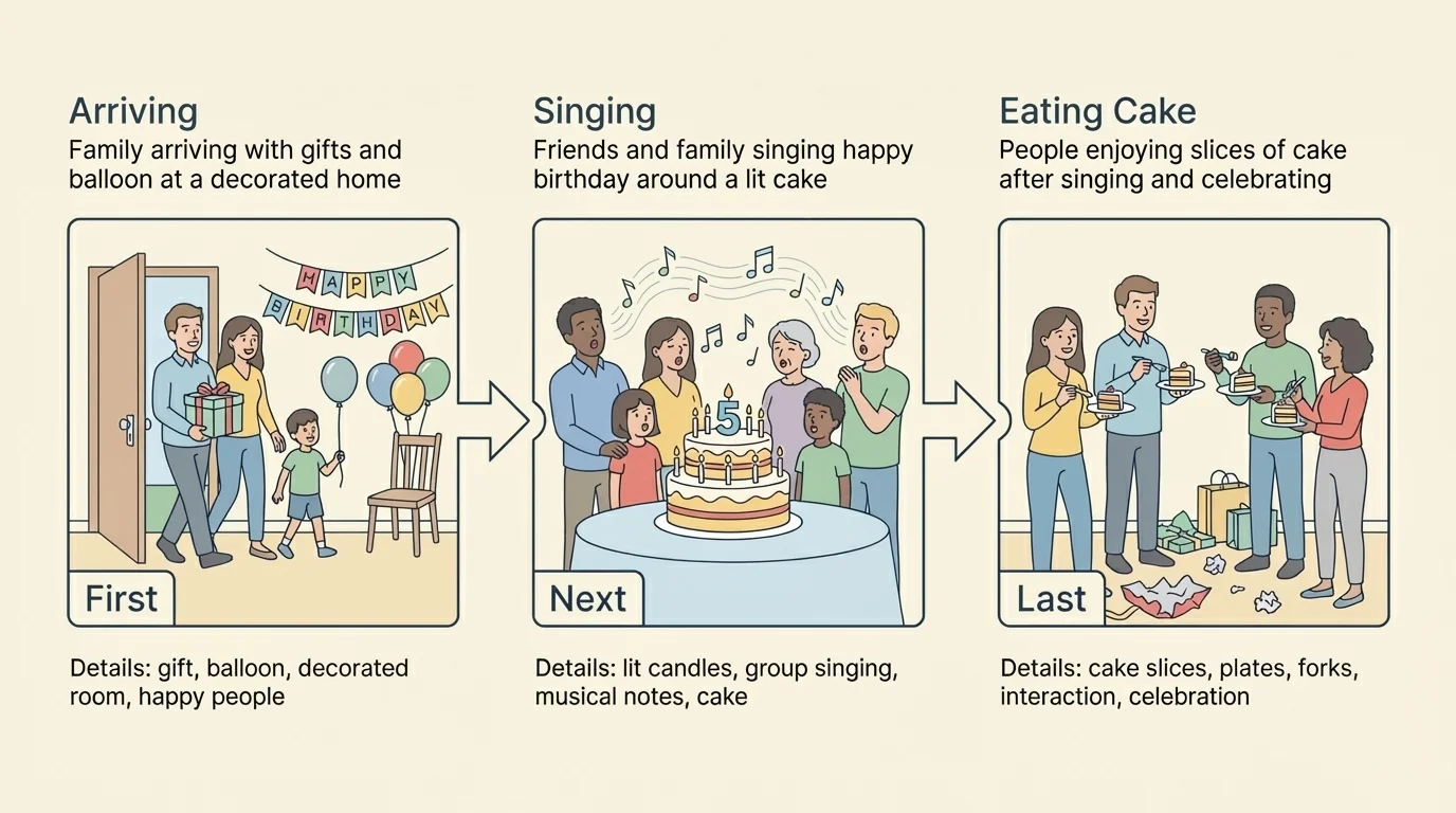 Three-part illustration of a birthday party: arriving, singing, eating cake, with arrows showing first, next, last