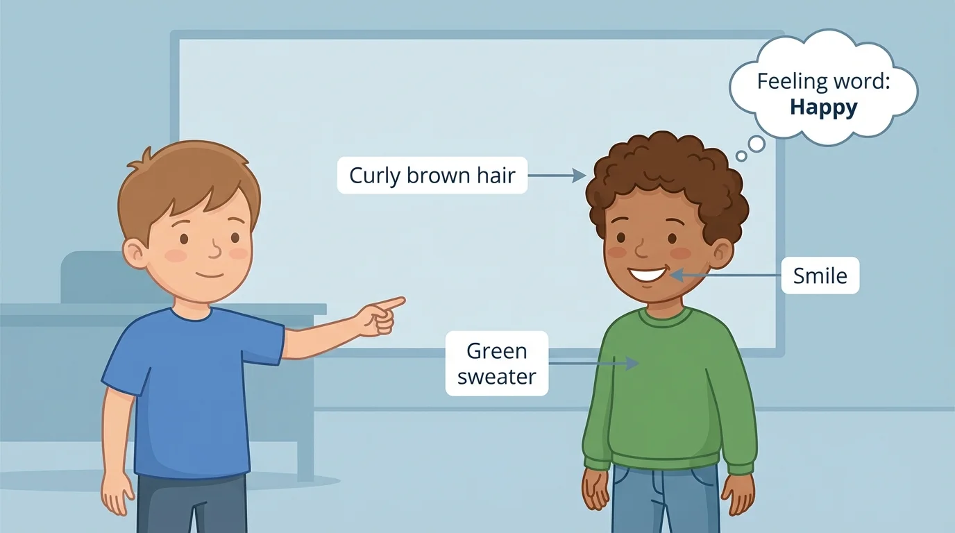 Child pointing to a classmate with labels for hair, clothes, smile, and feeling word happy