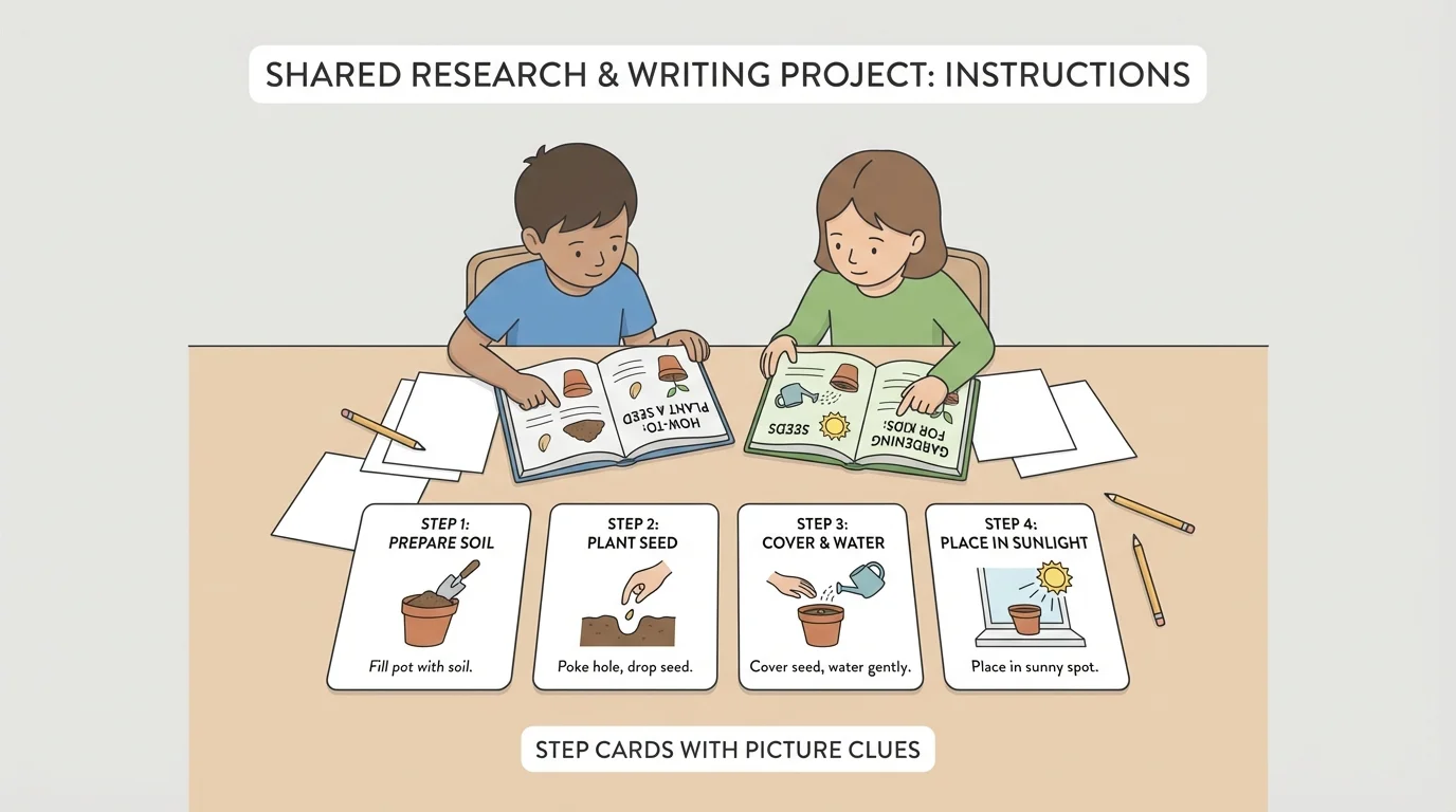 two children looking at two how-to books about planting seeds, with simple step cards and picture clues