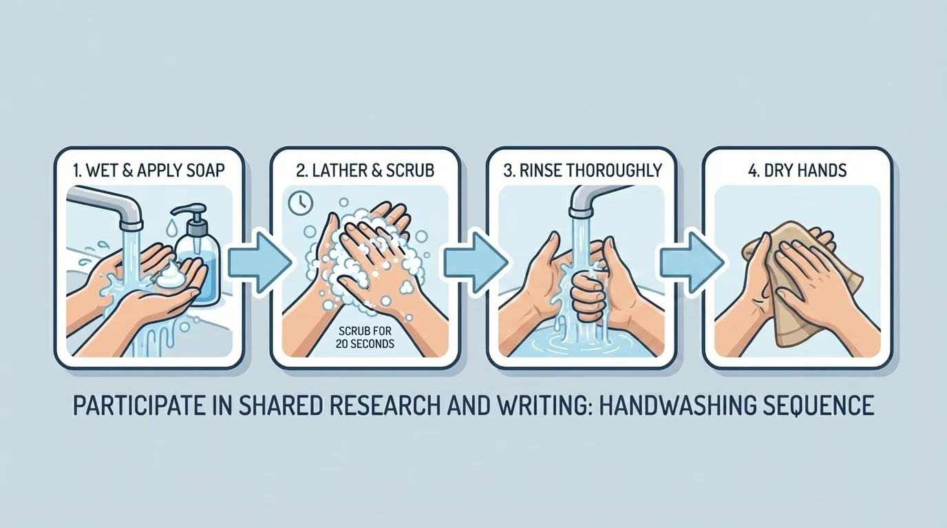 four picture cards in order showing washing hands step by step with arrows between cards