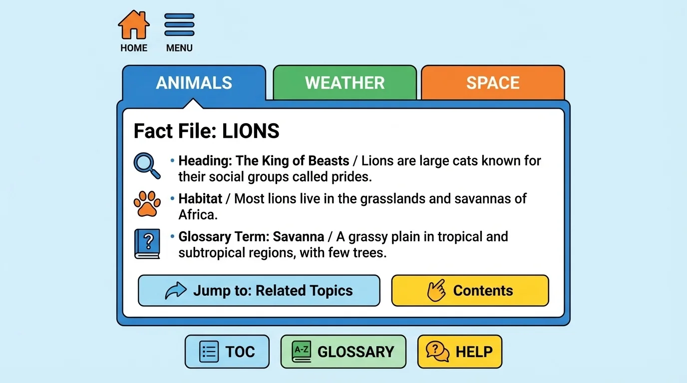 Educational screen with home icon, menu button, and tabs labeled Animals, Weather, and Space