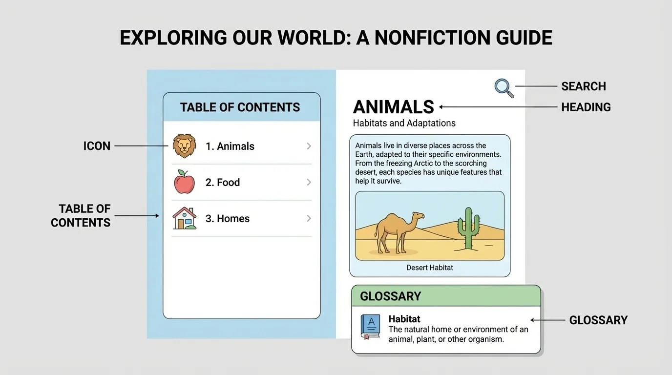 Nonfiction book page with title at top and section headings like Animals, Food, and Homes