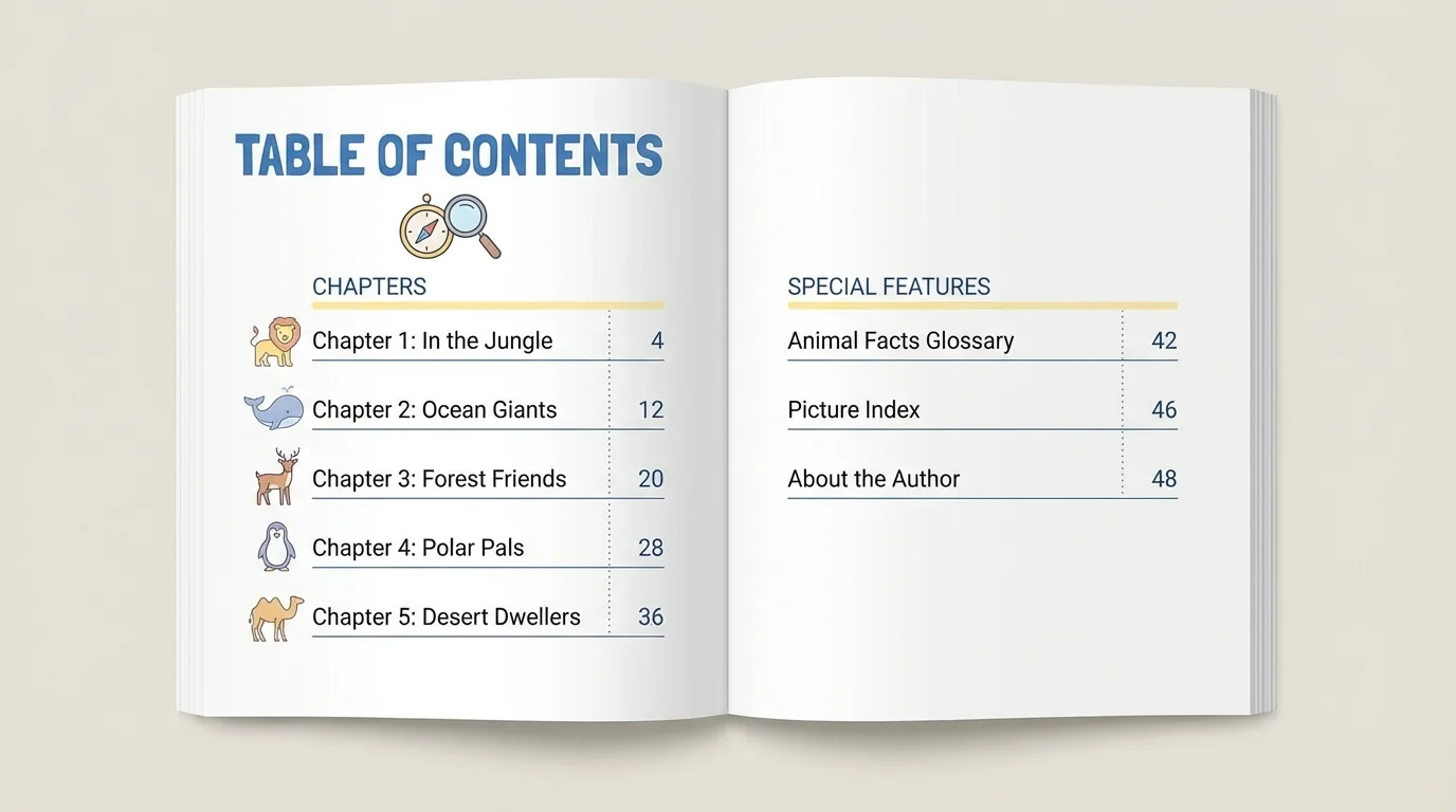 Simple table of contents page with topics and matching page numbers for a children's animal book