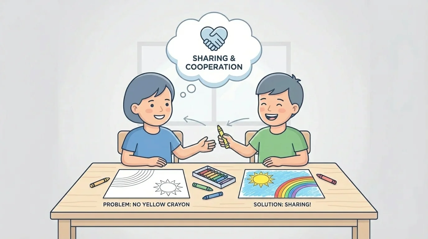two children at a table, one sharing crayons with the other, both smiling, with simple visual clues of a problem solved through sharing