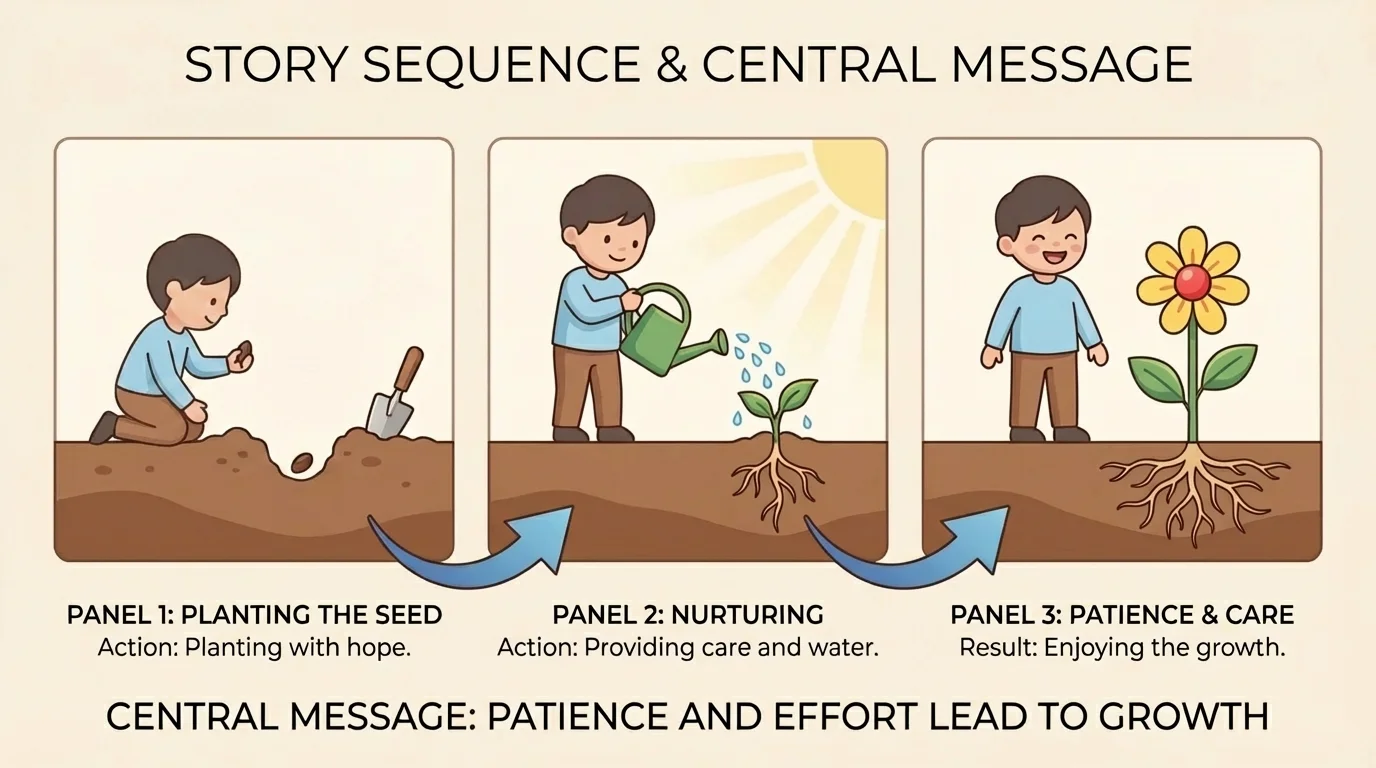 three-panel scene showing a child planting a seed in panel one, watering it in panel two, and smiling at a blooming flower in panel three
