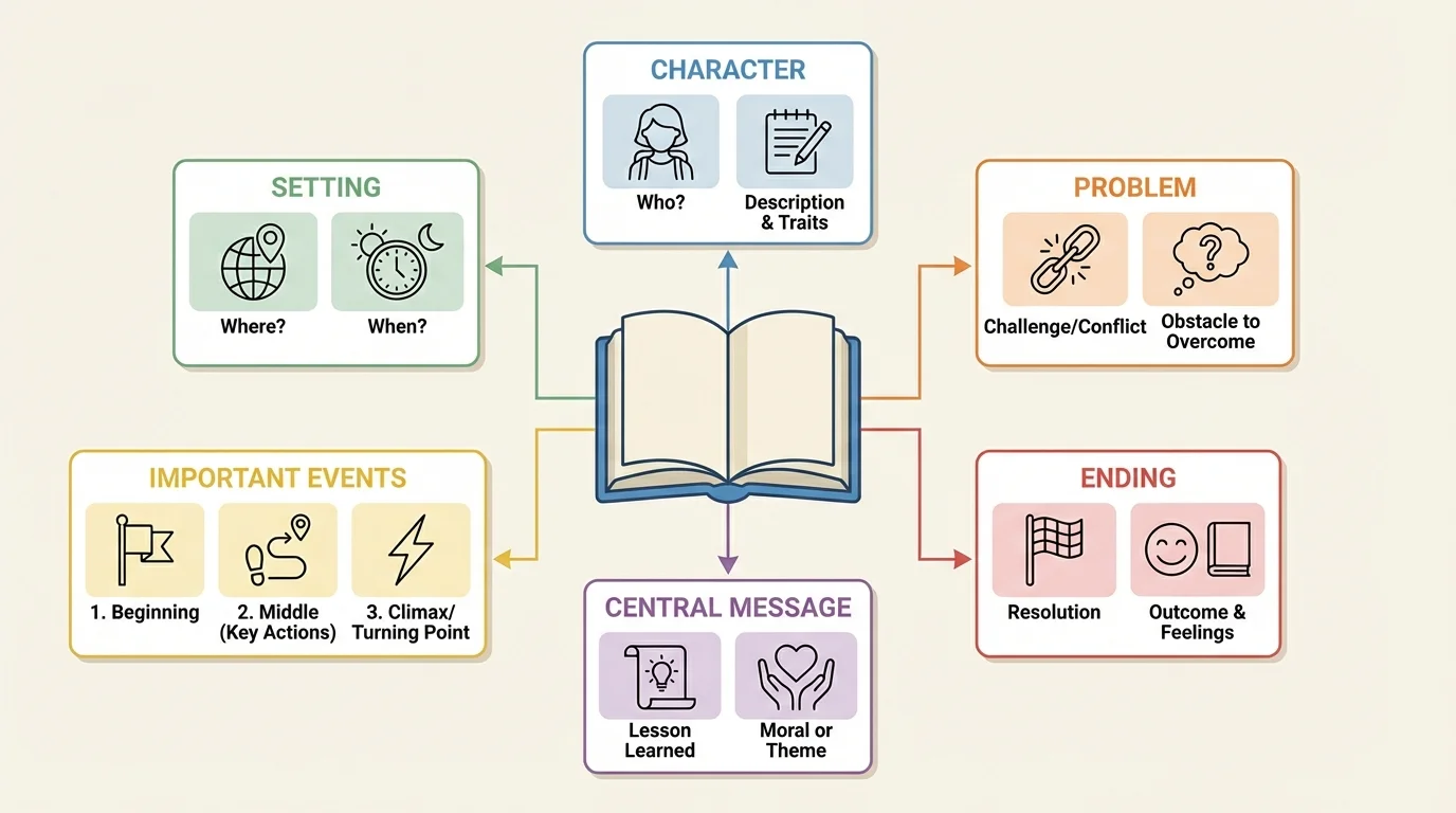 story map with simple labeled boxes for character, setting, problem, important events, and ending connected around a book
