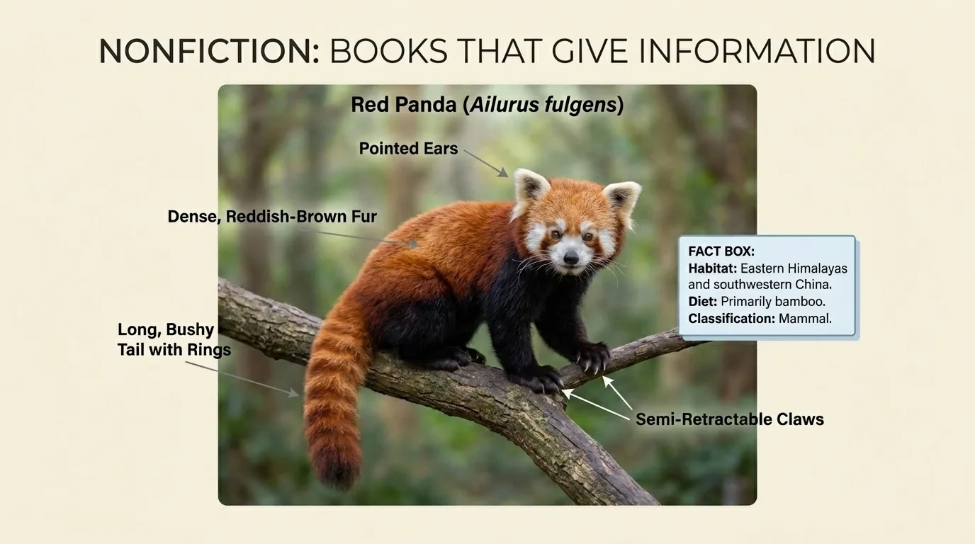 nonfiction animal page with a heading, real photo, labels pointing to body parts, and a small fact box