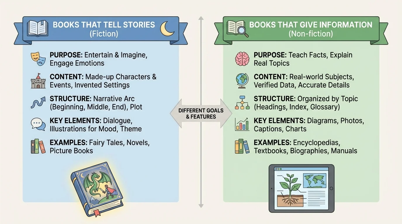 side-by-side comparison chart showing story book features on one side and information book features on the other
