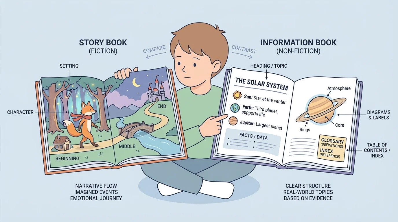 child reading a story book page with labeled parts character, setting, beginning, middle, and end