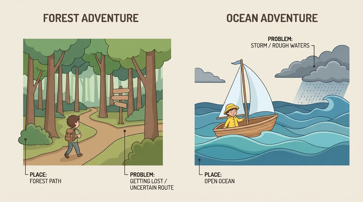 Two children from different stories, one walking through a forest path and one sailing in a small boat, with simple labels for place and problem