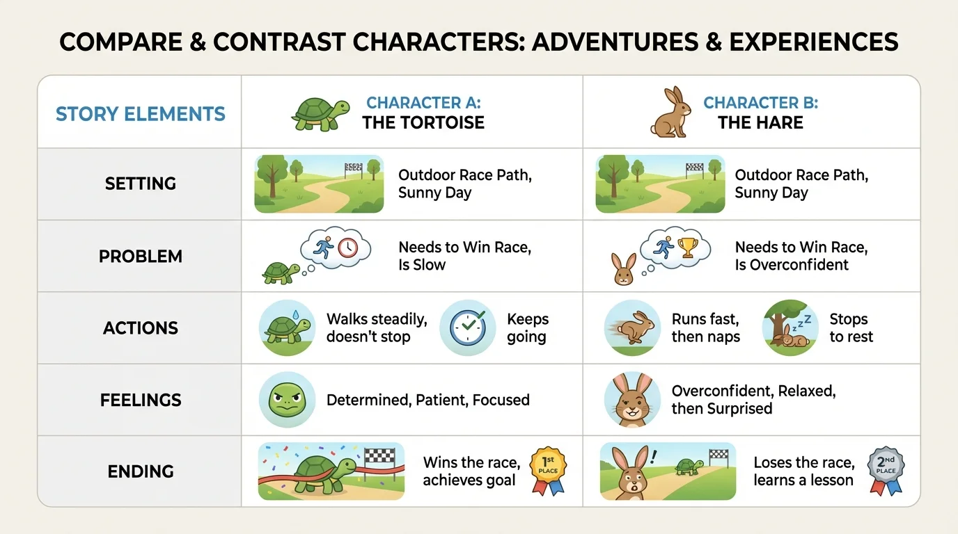 Simple comparison chart with two story characters and rows for setting, problem, actions, feelings, and ending