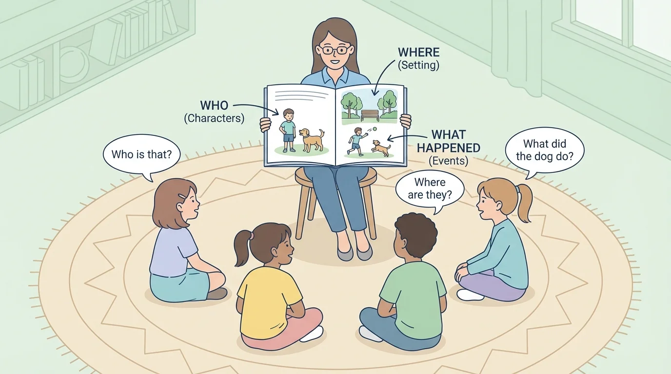 Teacher reading aloud to children on a rug, with simple labels showing who, where, and what happened in the story