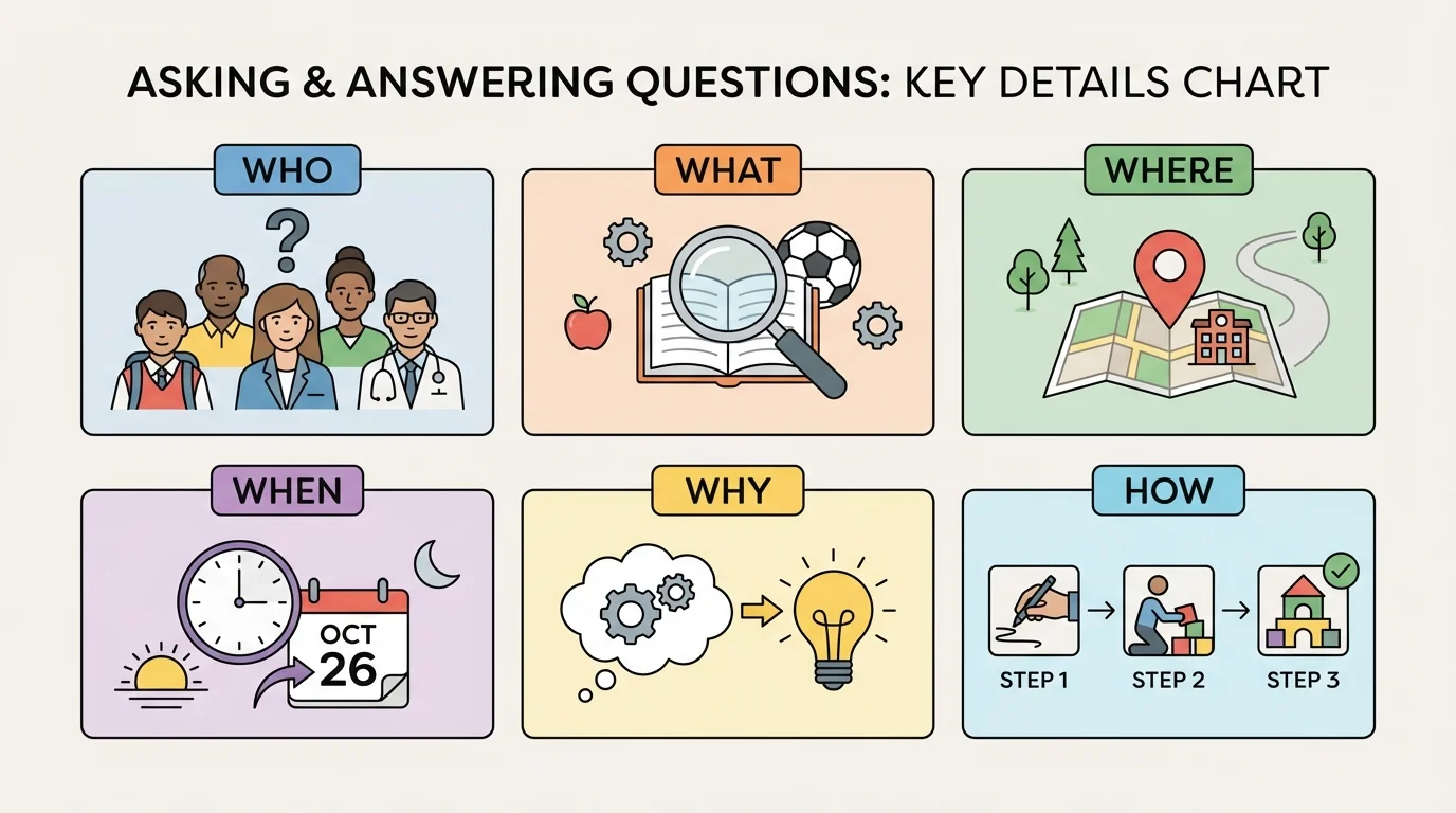 Simple classroom chart with the words who, what, where, when, why, how and matching picture clues for each question type