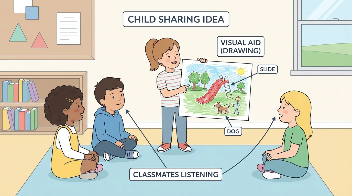 Child sharing a drawing of a park trip while classmates listen and notice the slide and dog