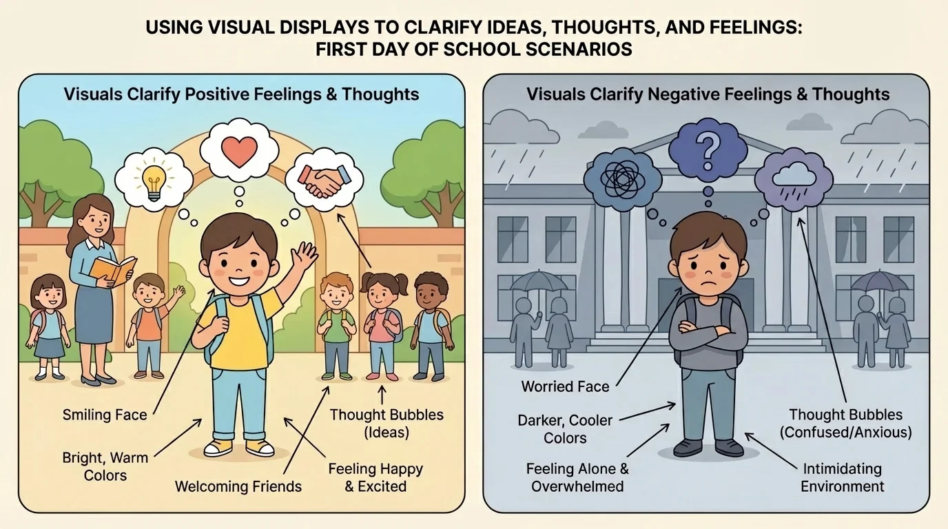 Two small scenes of a child on the first day of school, one smiling with bright colors and one worried with darker colors