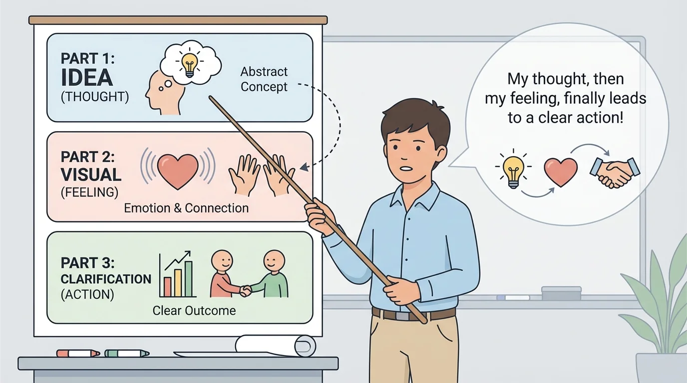 Student presenting a three-part poster and pointing to pictures in order while speaking to the class