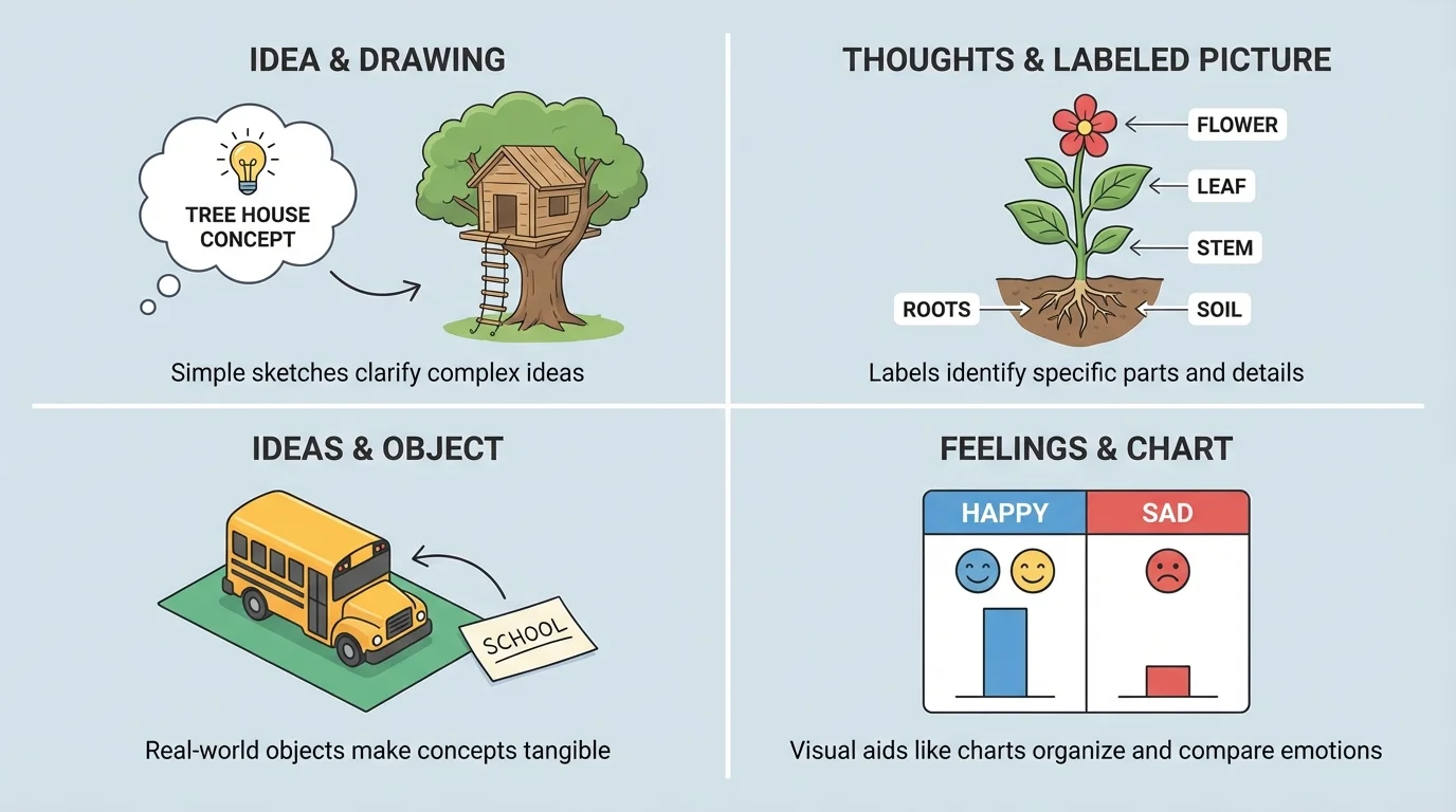 Four-panel classroom visual set with a drawing, labeled plant picture, toy bus object, and happy-sad chart