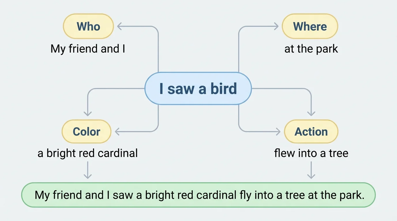 simple writing organizer with center sentence 'I saw a bird' and branches labeled who, where, color, and action leading to a fuller sentence