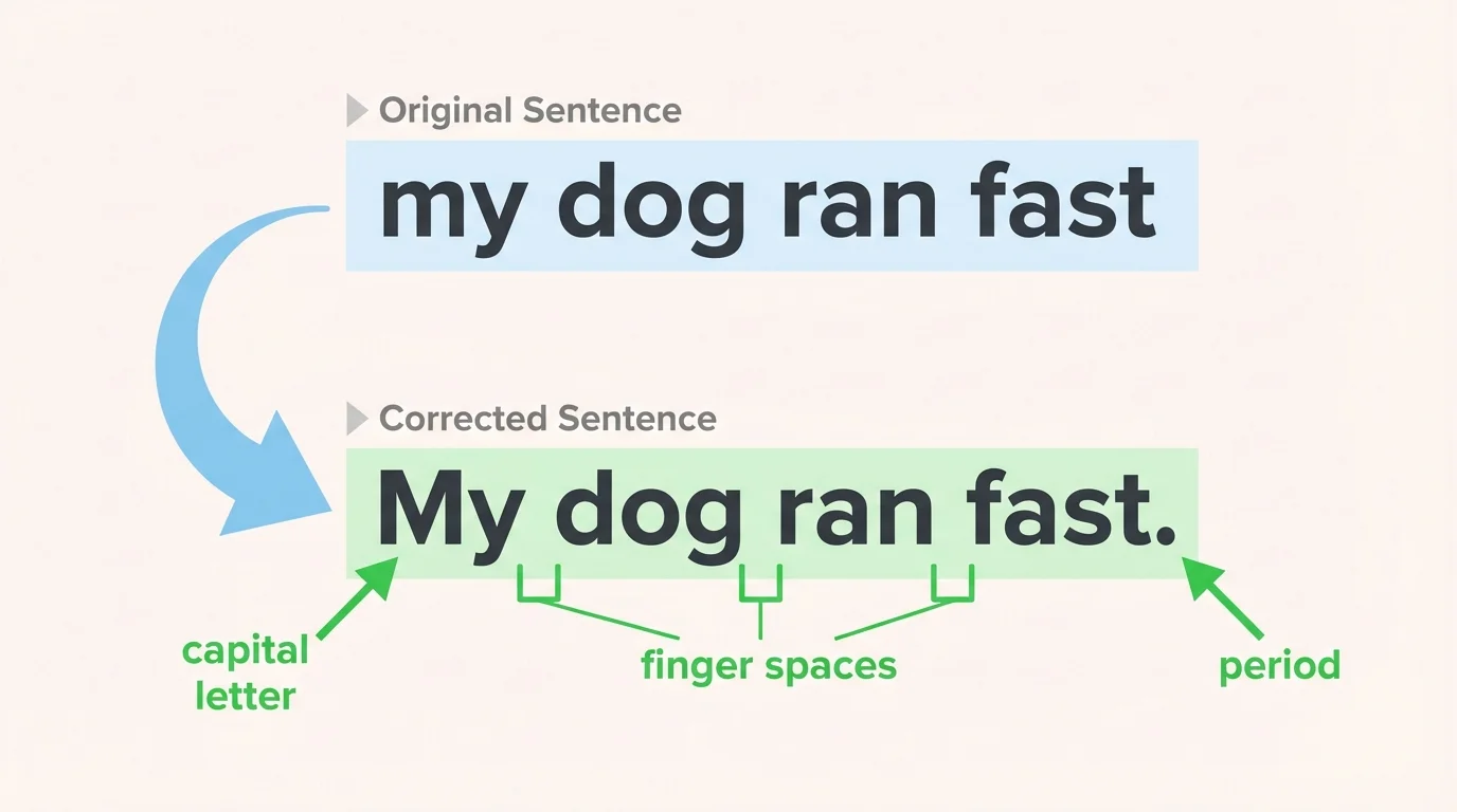 sentence correction example showing 'my dog ran fast' changed to 'My dog ran fast.' with labels for capital letter, finger spaces, and period