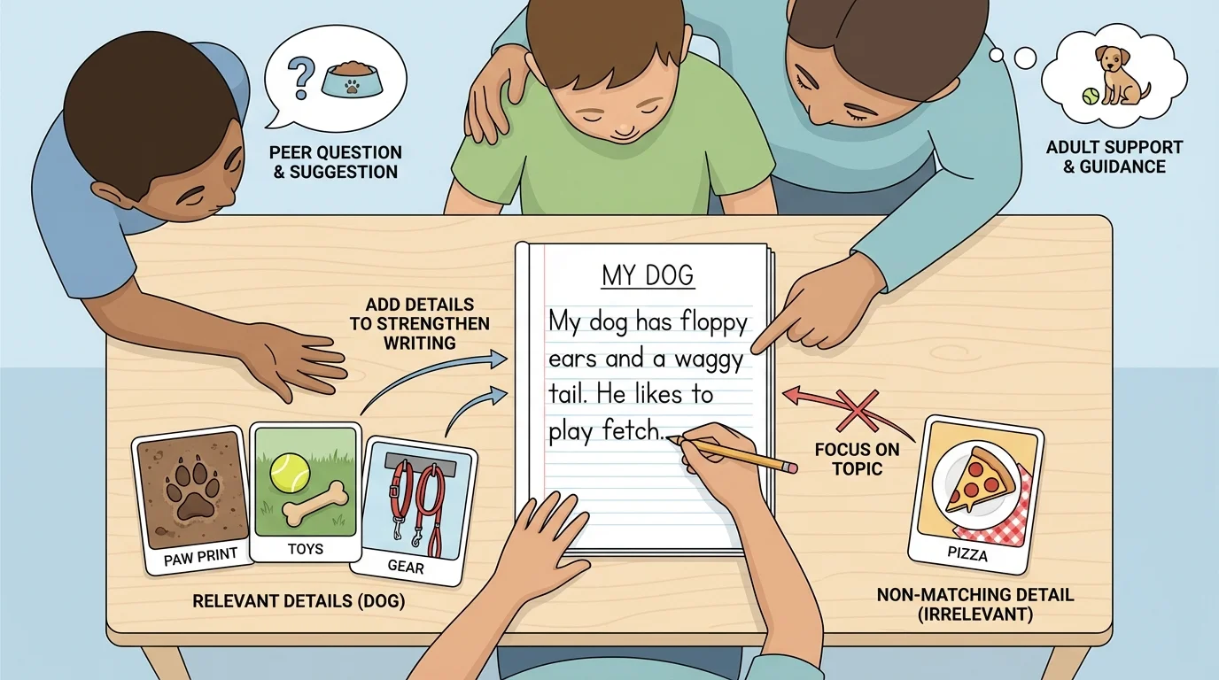 child writing about a dog with three matching picture cards about the dog and one nonmatching card about a pizza