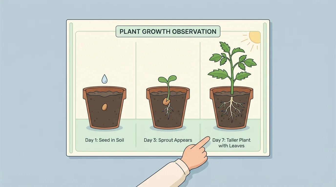 simple classroom plant chart showing day 1 seed, day 3 sprout, day 7 taller plant, with a child pointing to the chart